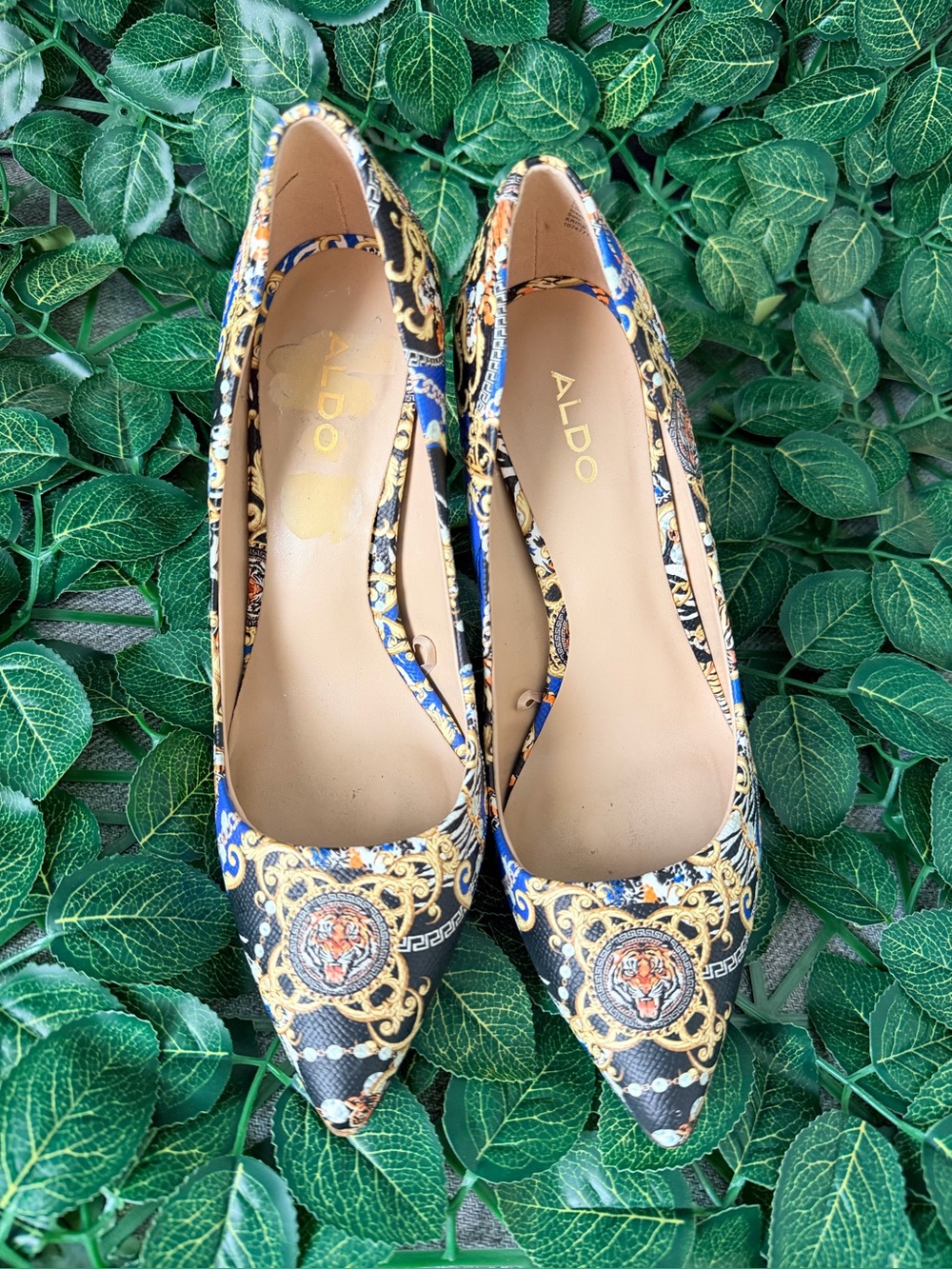 ALDO Blue and Gold Baroque Pointed-Toe Heels